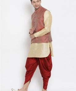 Vastramay Men's Gold Cotton Silk Blend Ethnic Jacket, Kurta And Dhoti Pant Set