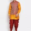 Vastramay Men's Orange Cotton Silk Blend Ethnic Jacket, Kurta And Dhoti Pant Set