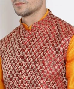 Vastramay Men's Orange Cotton Silk Blend Ethnic Jacket, Kurta And Dhoti Pant Set