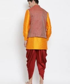 Vastramay Men's Orange Cotton Silk Blend Ethnic Jacket, Kurta And Dhoti Pant Set