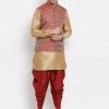 Vastramay Men's Gold Cotton Silk Blend Ethnic Jacket, Kurta And Dhoti Pant Set