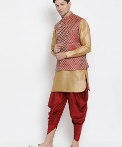 Vastramay Men's Gold Cotton Silk Blend Ethnic Jacket, Kurta And Dhoti Pant Set