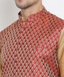 Vastramay Men's Gold Cotton Silk Blend Ethnic Jacket, Kurta And Dhoti Pant Set