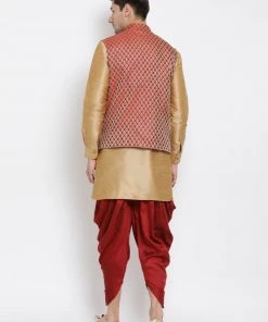 Vastramay Men's Gold Cotton Silk Blend Ethnic Jacket, Kurta And Dhoti Pant Set