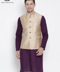 Nehru Jacket VASTRAMAY Men's Beige Cotton Blend Ethnic Jacket
