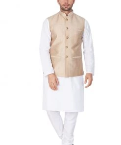 Vastramay Men's White Cotton Blend Kurta, Ethnic Jacket And Pyjama Set