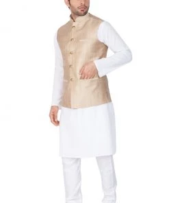Vastramay Men's White Cotton Blend Kurta, Ethnic Jacket And Pyjama Set