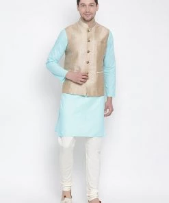 Vastramay Men's Light Blue Cotton Blend Kurta, Ethnic Jacket And Pyjama Set