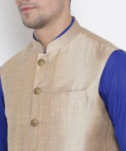 Vastramay Men's Blue Cotton Blend Kurta, Ethnic Jacket And Pyjama Set