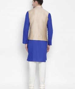 Vastramay Men's Blue Cotton Blend Kurta, Ethnic Jacket And Pyjama Set
