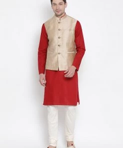 Vastramay Men's Maroon Cotton Blend Kurta, Ethnic Jacket And Pyjama Set