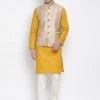 Vastramay Men's Yellow Cotton Blend Kurta, Ethnic Jacket And Pyjama Set 1 Vastramay Men's Yellow Cotton Blend Kurta, Ethnic Jacket And Pyjama Set