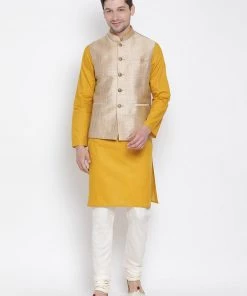 Vastramay Men's Yellow Cotton Blend Kurta, Ethnic Jacket And Pyjama Set
