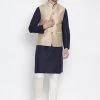 Vastramay Men's Dark Blue Cotton Blend Kurta, Ethnic Jacket And Pyjama Set