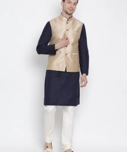 Vastramay Men's Dark Blue Cotton Blend Kurta, Ethnic Jacket And Pyjama Set