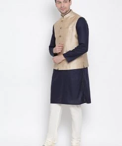 Vastramay Men's Dark Blue Cotton Blend Kurta, Ethnic Jacket And Pyjama Set