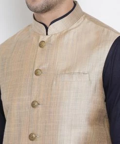 Vastramay Men's Dark Blue Cotton Blend Kurta, Ethnic Jacket And Pyjama Set