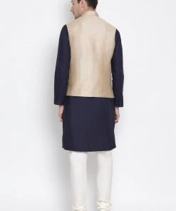 Vastramay Men's Dark Blue Cotton Blend Kurta, Ethnic Jacket And Pyjama Set
