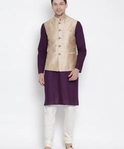 Vastramay Men's Purple Cotton Blend Kurta, Ethnic Jacket And Pyjama Set