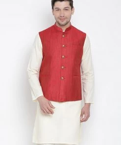 Vastramay Men's Maroon Cotton Blend Ethnic Jacket