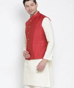 Vastramay Men's Maroon Cotton Blend Ethnic Jacket 9 Vastramay Men's Maroon Cotton Blend Ethnic Jacket