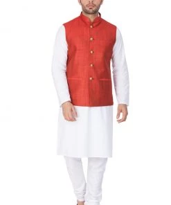 Vastramay Men's White Cotton Blend Kurta, Ethnic Jacket And Pyjama Set