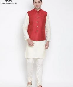 Vastramay Kurta Sets Men's Beige Cotton Blend Kurta, Ethnic Jacket And Pyjama Set