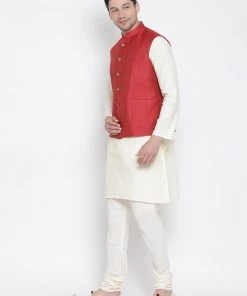 Vastramay Kurta Sets Men's Beige Cotton Blend Kurta, Ethnic Jacket And Pyjama Set