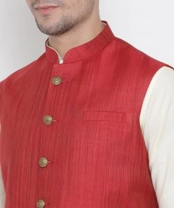 Vastramay Kurta Sets Men's Beige Cotton Blend Kurta, Ethnic Jacket And Pyjama Set