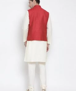 Vastramay Kurta Sets Men's Beige Cotton Blend Kurta, Ethnic Jacket And Pyjama Set