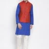 Vastramay Men's Blue Cotton Blend Kurta, Ethnic Jacket And Pyjama Set
