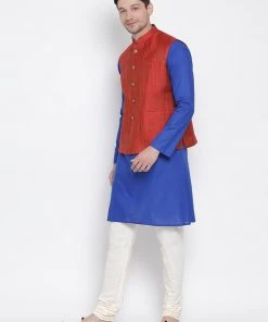 Vastramay Men's Blue Cotton Blend Kurta, Ethnic Jacket And Pyjama Set