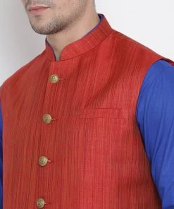 Vastramay Men's Blue Cotton Blend Kurta, Ethnic Jacket And Pyjama Set