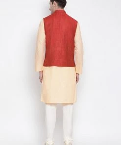 Vastramay Men's Orange Cotton Blend Kurta, Ethnic Jacket And Pyjama Set