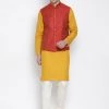 Vastramay Men's Yellow Cotton Blend Kurta, Ethnic Jacket And Pyjama Set