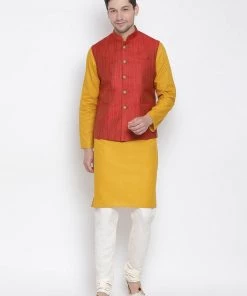 Vastramay Men's Yellow Cotton Blend Kurta, Ethnic Jacket And Pyjama Set
