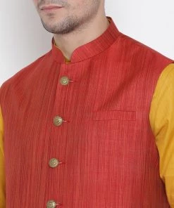 Vastramay Men's Yellow Cotton Blend Kurta, Ethnic Jacket And Pyjama Set