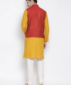 Vastramay Men's Yellow Cotton Blend Kurta, Ethnic Jacket And Pyjama Set