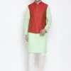 Vastramay Men's Light Green Cotton Blend Kurta, Ethnic Jacket And Pyjama Set 1 Vastramay Men's Light Green Cotton Blend Kurta, Ethnic Jacket And Pyjama Set