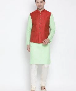 Vastramay Men's Light Green Cotton Blend Kurta, Ethnic Jacket And Pyjama Set