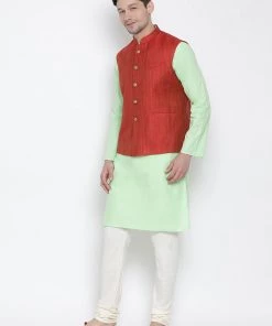 Vastramay Men's Light Green Cotton Blend Kurta, Ethnic Jacket And Pyjama Set