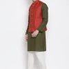 Vastramay Men's Green Cotton Blend Kurta, Ethnic Jacket And Pyjama Set