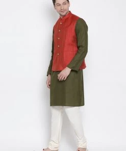 Vastramay Men's Green Cotton Blend Kurta, Ethnic Jacket And Pyjama Set
