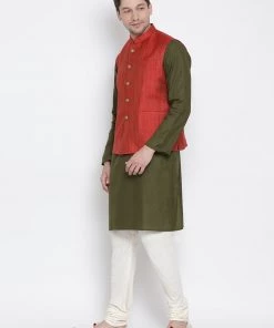 Vastramay Men's Green Cotton Blend Kurta, Ethnic Jacket And Pyjama Set