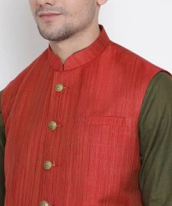 Vastramay Men's Green Cotton Blend Kurta, Ethnic Jacket And Pyjama Set