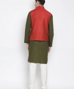 Vastramay Men's Green Cotton Blend Kurta, Ethnic Jacket And Pyjama Set