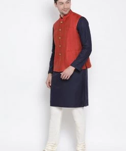 Vastramay Men's Dark Blue Cotton Blend Kurta, Ethnic Jacket And Pyjama Set