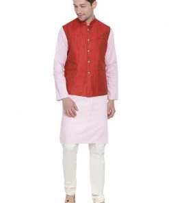 Vastramay Men's Pink Cotton Blend Kurta, Ethnic Jacket And Pyjama Set