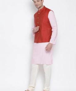 Vastramay Men's Pink Cotton Blend Kurta, Ethnic Jacket And Pyjama Set