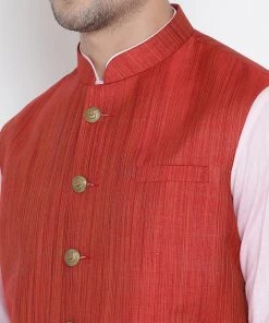 Vastramay Men's Pink Cotton Blend Kurta, Ethnic Jacket And Pyjama Set